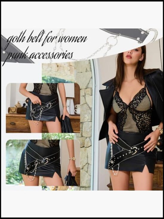 Wide Punk Gothic Studded Rivet Belt Detachable Crystal Waist Chain Y2K Emo main image 6